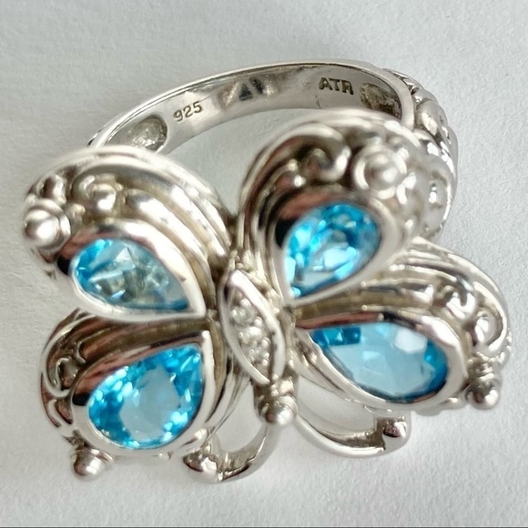 NEW Swiss Blue Topaz & Diamond Sterling Silver 925 Stamped Butterfly Ring Size 6 - Picture 4 of 12